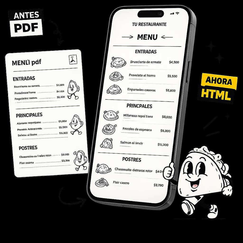 Ilustración comparando un menú en PDF con una carta digital HTML en celular